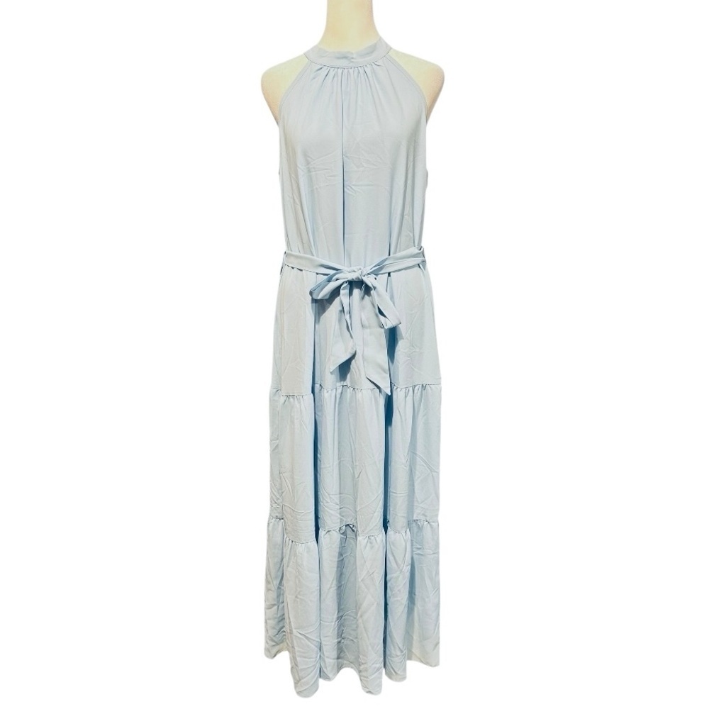 PRETTYGARDEN Summer Maxi Dress Halter Neck Flowy Ruffle Hem Boho Dress Belted L - Picture 7 of 10
